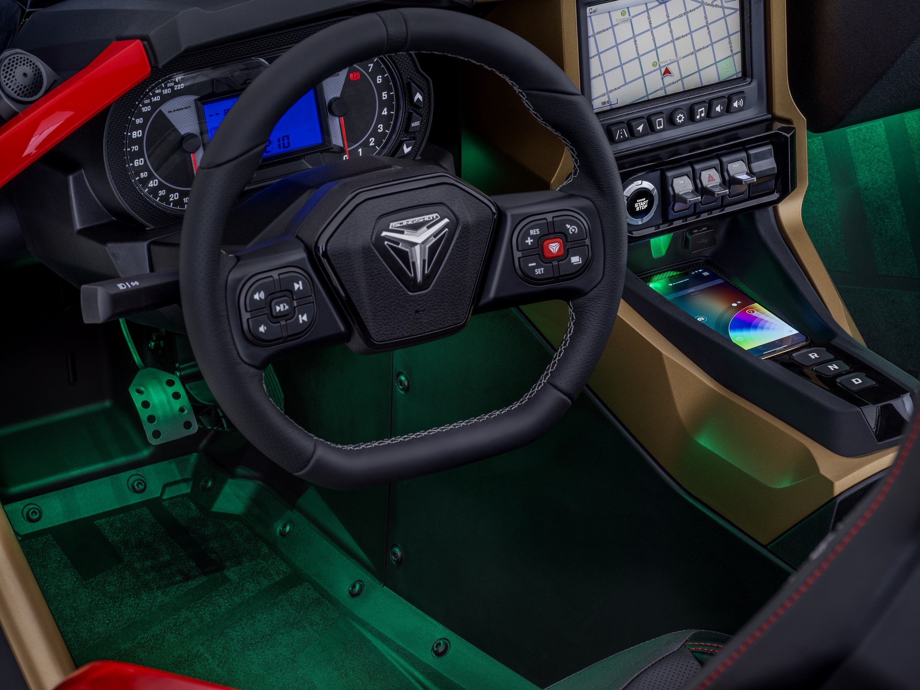The driver's side of a 2022 Polaris Slingshot Signature LE's cabin