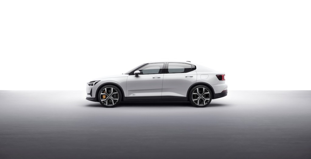A white 2022 Polestar 2 electric crossover SUV, its one of the cheapest EVs with at least 250 miles of electric driving range