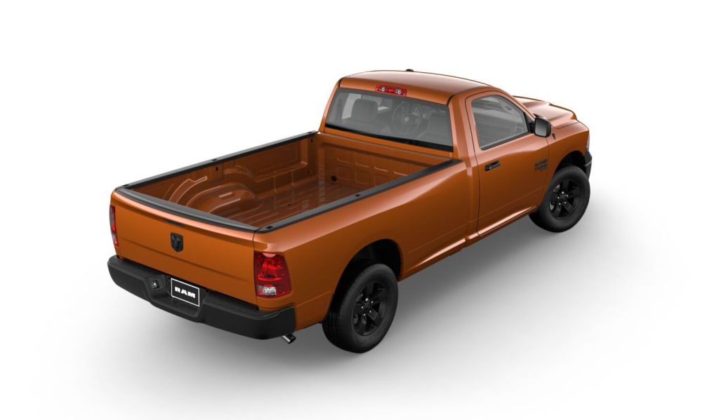 Render of the cheapest 2022 Ram Truck, a 1500 Ram Classic in Omaha Orange with a black package.