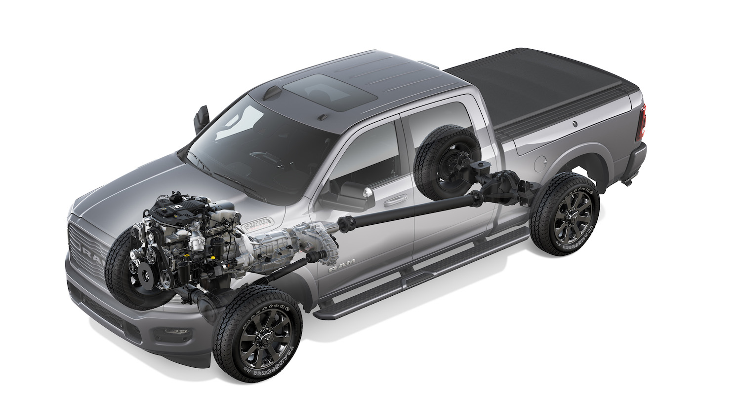 Cutaway of a Ram 2500 heavy-duty truck with Cumins turbodiesel engine available.