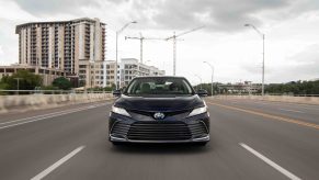 A front shot of the 2022 Toyota Camry on a cloudy day