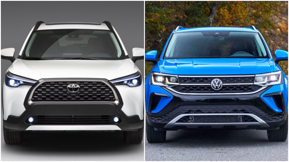 2022 Toyota Corolla Cross and a 2022 Volkswagen Taos split image