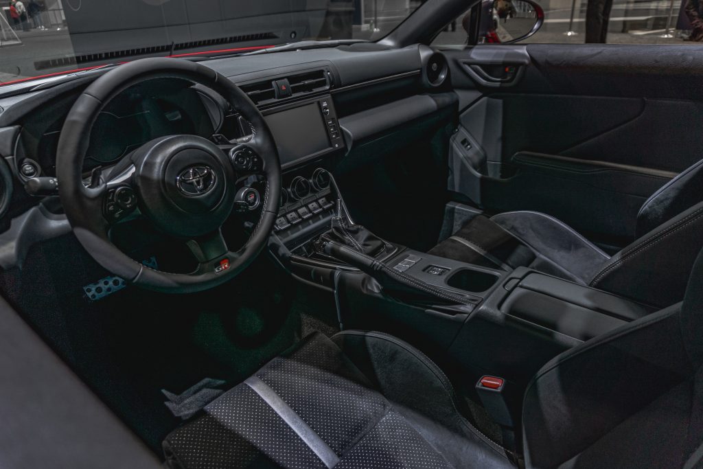 The black interior of a 2022 Toyota GR86 Premium at the 2022 Chicago Auto Show
