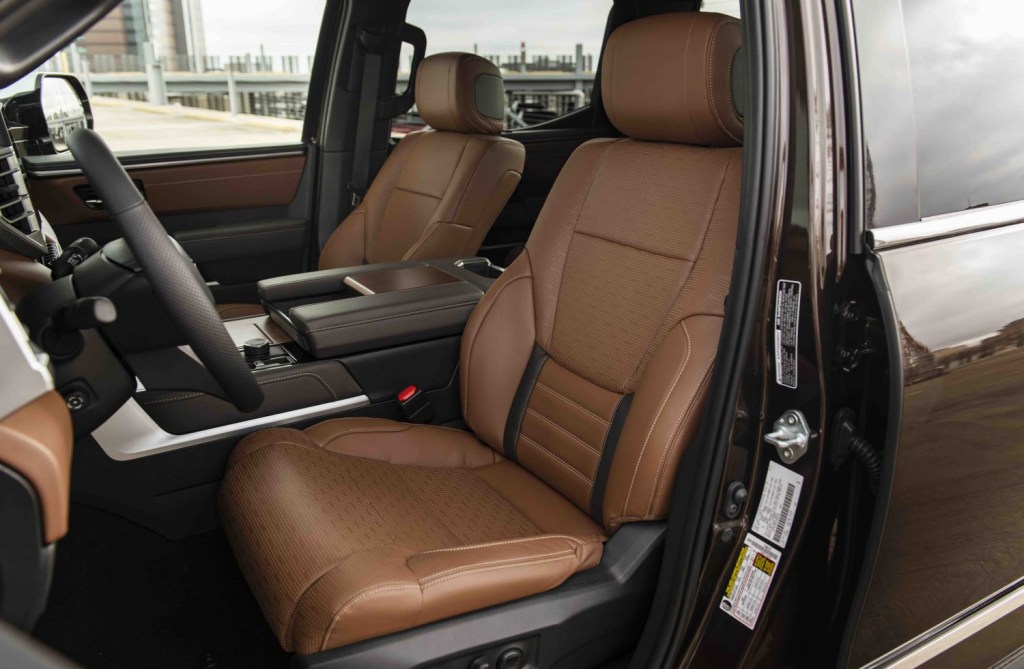 A saddle tan colored interior in a 2022 Toyota Tundra 1794 Edition hybrid pickup truck