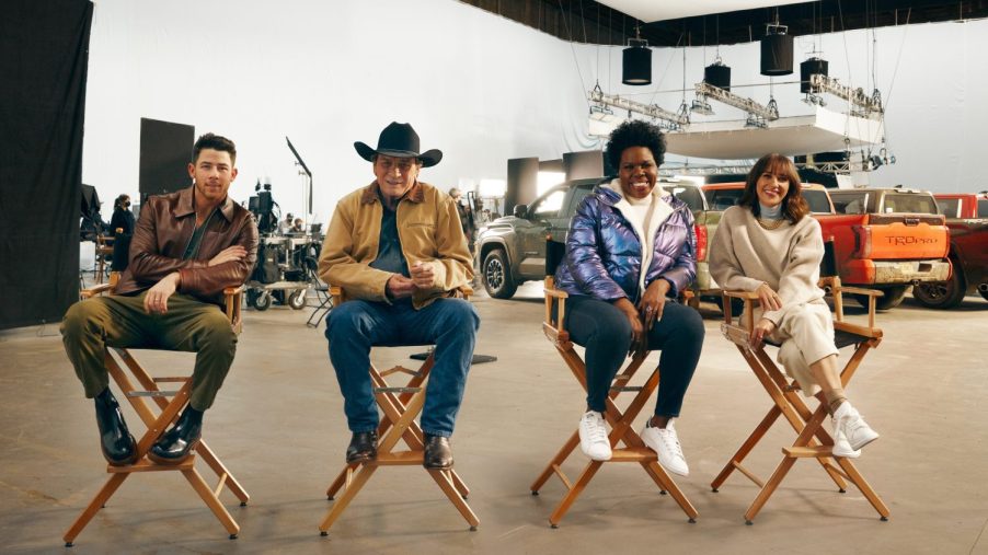 Nick Jonas, Tommy Lee Jones, Leslie Jones, and Rashida Jones on the set of "The Joneses" Super Bowl TV commercial