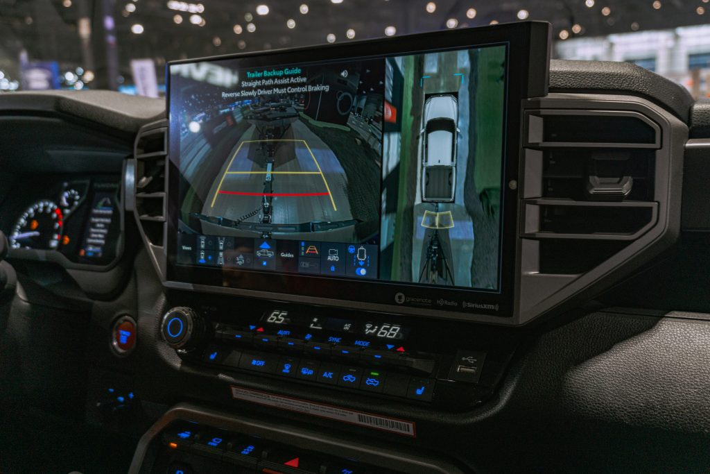 The camera views on the center touchscreen of a 2022 Toyota Tundra at the Chicago Auto Show