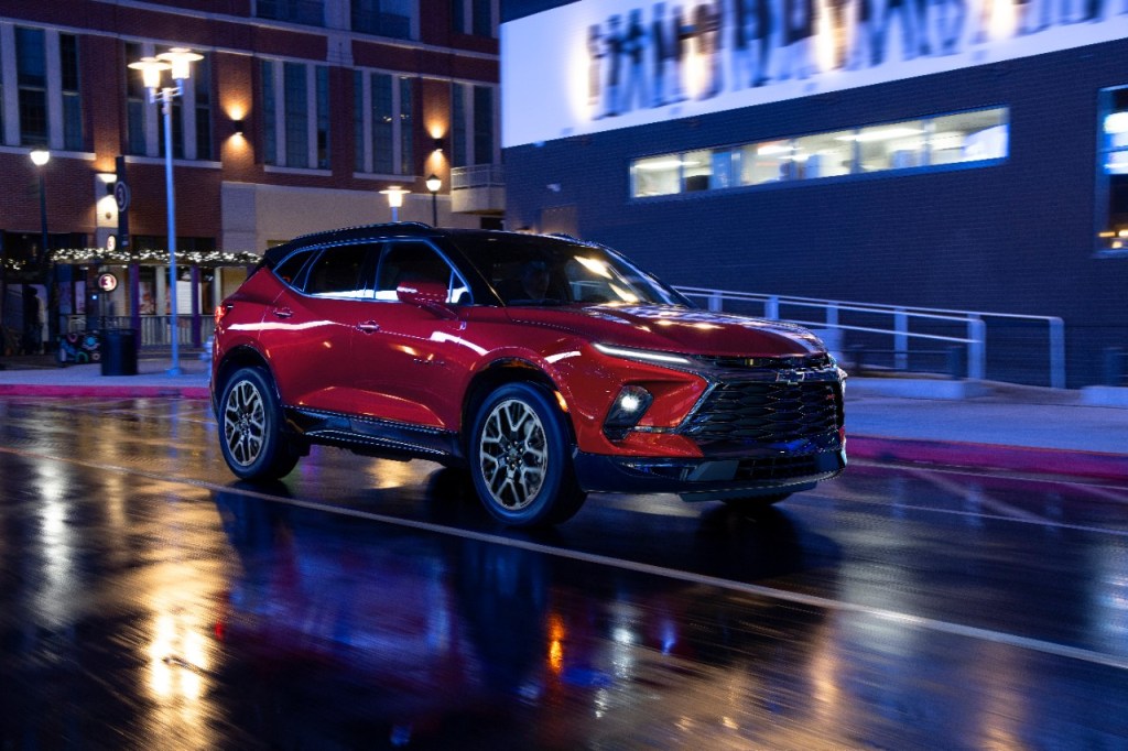 A red 2023 Chevy Blazer RS, it smashes the 2022 Blazer.