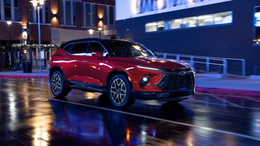 A red 2023 Chevy Blazer RS, it smashes the 2022 Blazer.