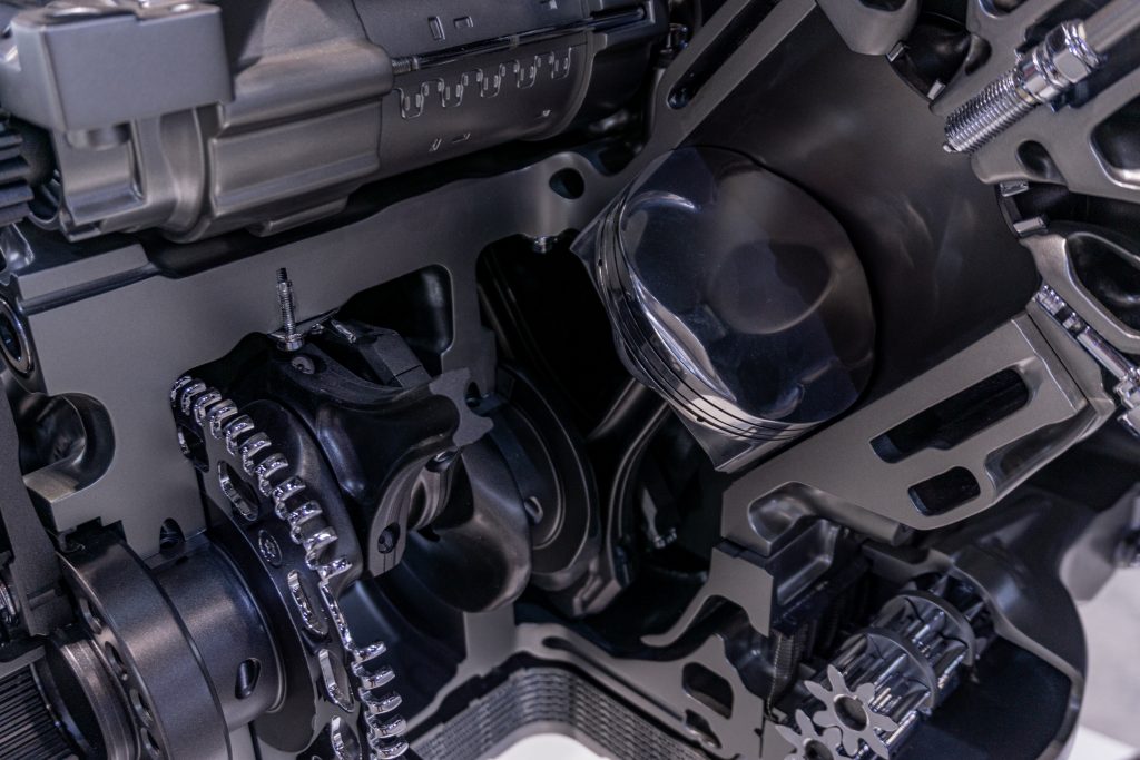 A close-up view of the 2023 C8 Chevrolet Corvette Z06 LT6 V8's piston, crank, and oil scavenging pump