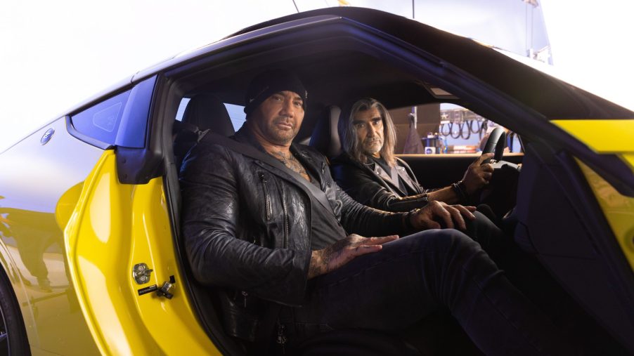 Dave Bautista in the passenger seat of the Nissan Z while filming for the brand's Super Bowl commercial