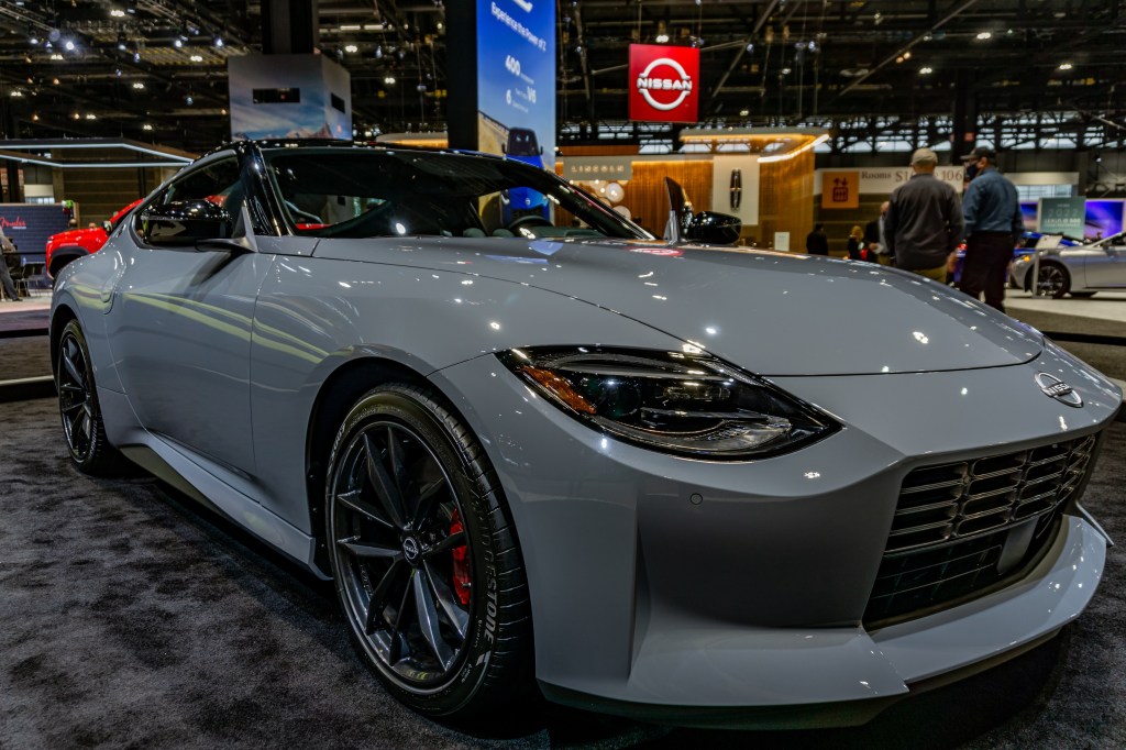 The front 3/4 view of a gray 2023 Nissan Z at the 2022 Chicago Auto Show