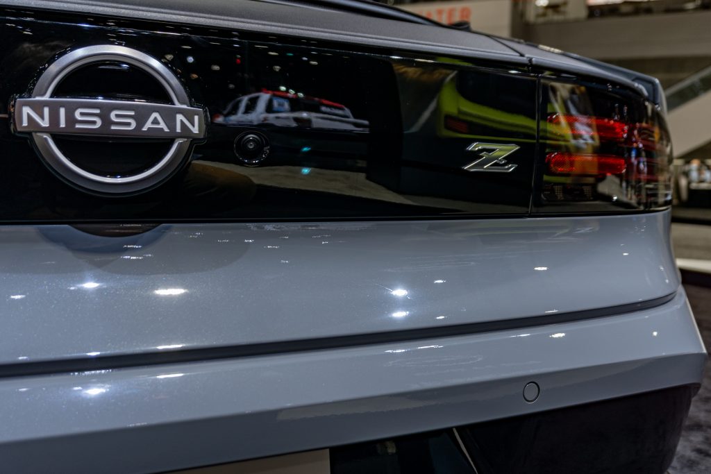 The rear badges on a gray 2023 Nissan Z