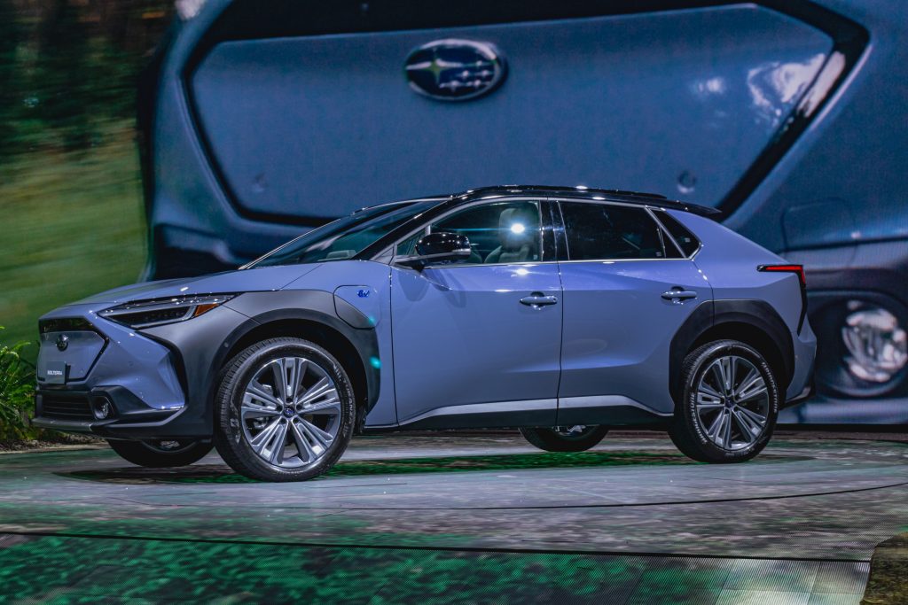 A blue 2023 Subaru Solterra at the 2022 Chicago Auto Show