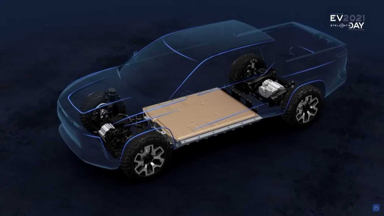 Cutaway of the 2024 Ram 1500 electric pickup truck showing its chassis and possible range extender motor.