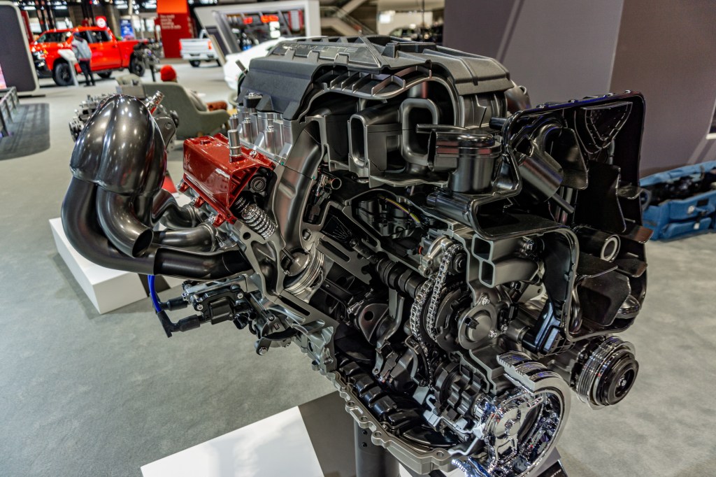A cutaway 2022 C8 Chevrolet Corvette LT2 V8 at the Chicago Auto Show