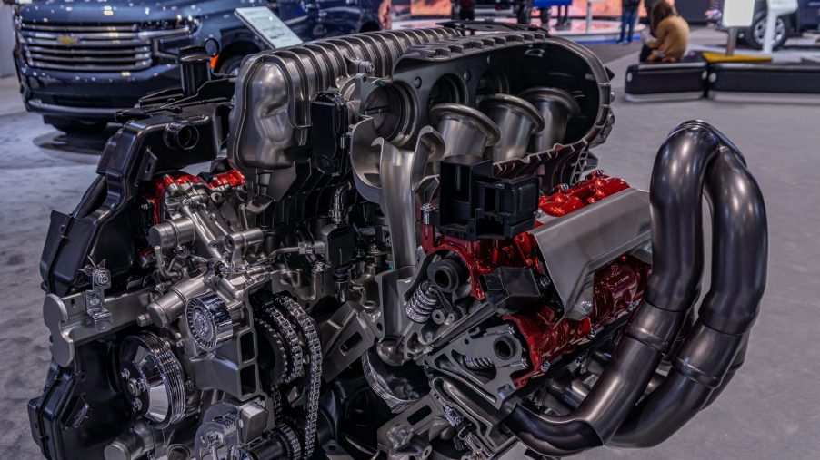 A cutaway 2023 C8 Corvette Z06 LT6 V8 at the Chicago Auto Show