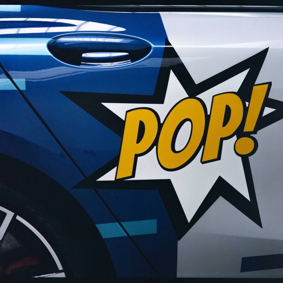 BMW 8 Series Jeff Koons close up on "Pop!" graphic