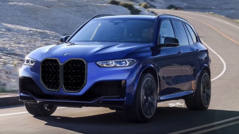 2022 BMW X5 in blue on a track. Either the BMW X3 or BMW X5 can be ordered in a fast M version. 