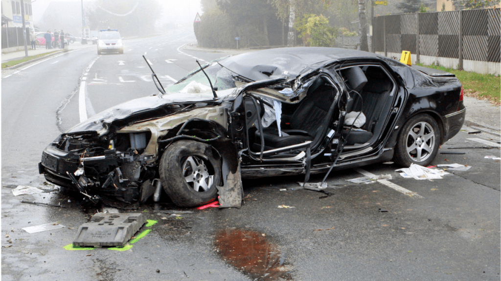 Black sedan crumpled after a car crash, highlighting the speed it takes to die in a car crash