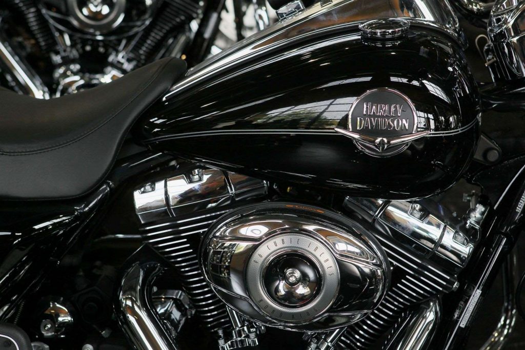 Close-up view of black Harley-Davidson motorcycle