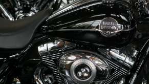 Close-up view of black Harley-Davidson motorcycle