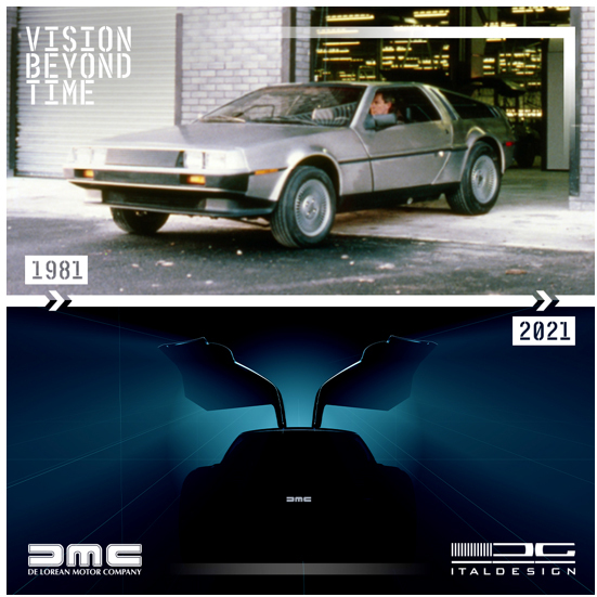 A DeLorean electric teaser image featuring the old and new versions of the iconic model for its reboot/revival. 