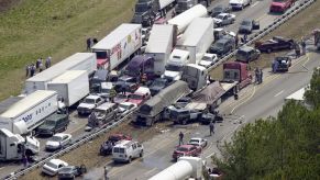 A multiple dearly car crash pileup on an interstate.