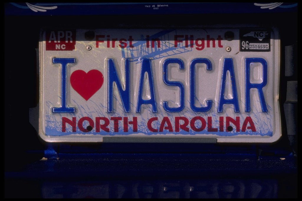 An I heart NASCAR customized license plate from the state of North Caroline.