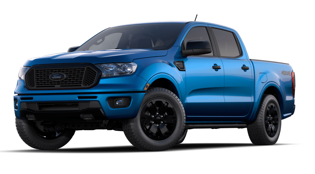 Driver's side front angle view of blue 2022 Ford Ranger XLT pickup truck, a Consumer Reports best deal to save money