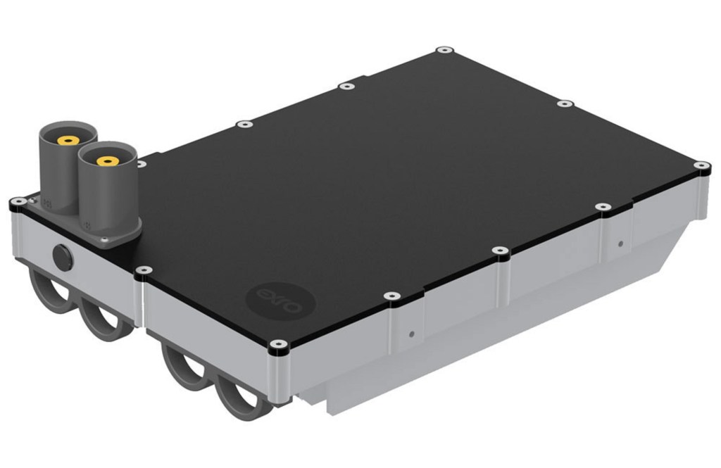 A black-and-silver Exro Technologies 100-volt Low Voltage Coil Driver electric motor controller