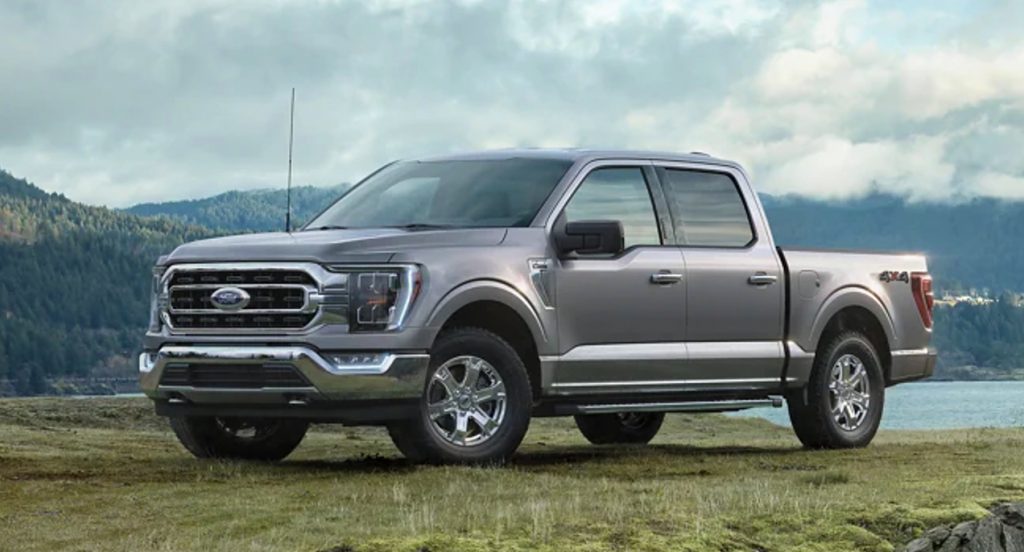 A gray 2022 Ford F-150 full-size pickup truck. 