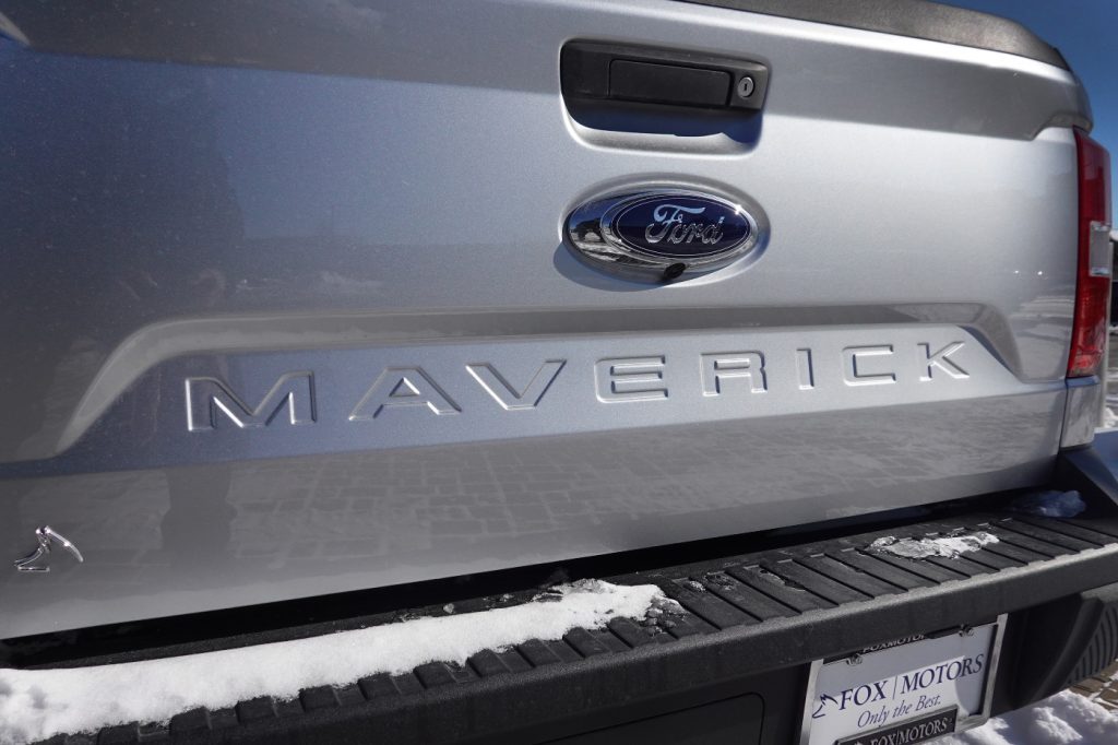 The tailgate of the Ford Maverick truck on display.