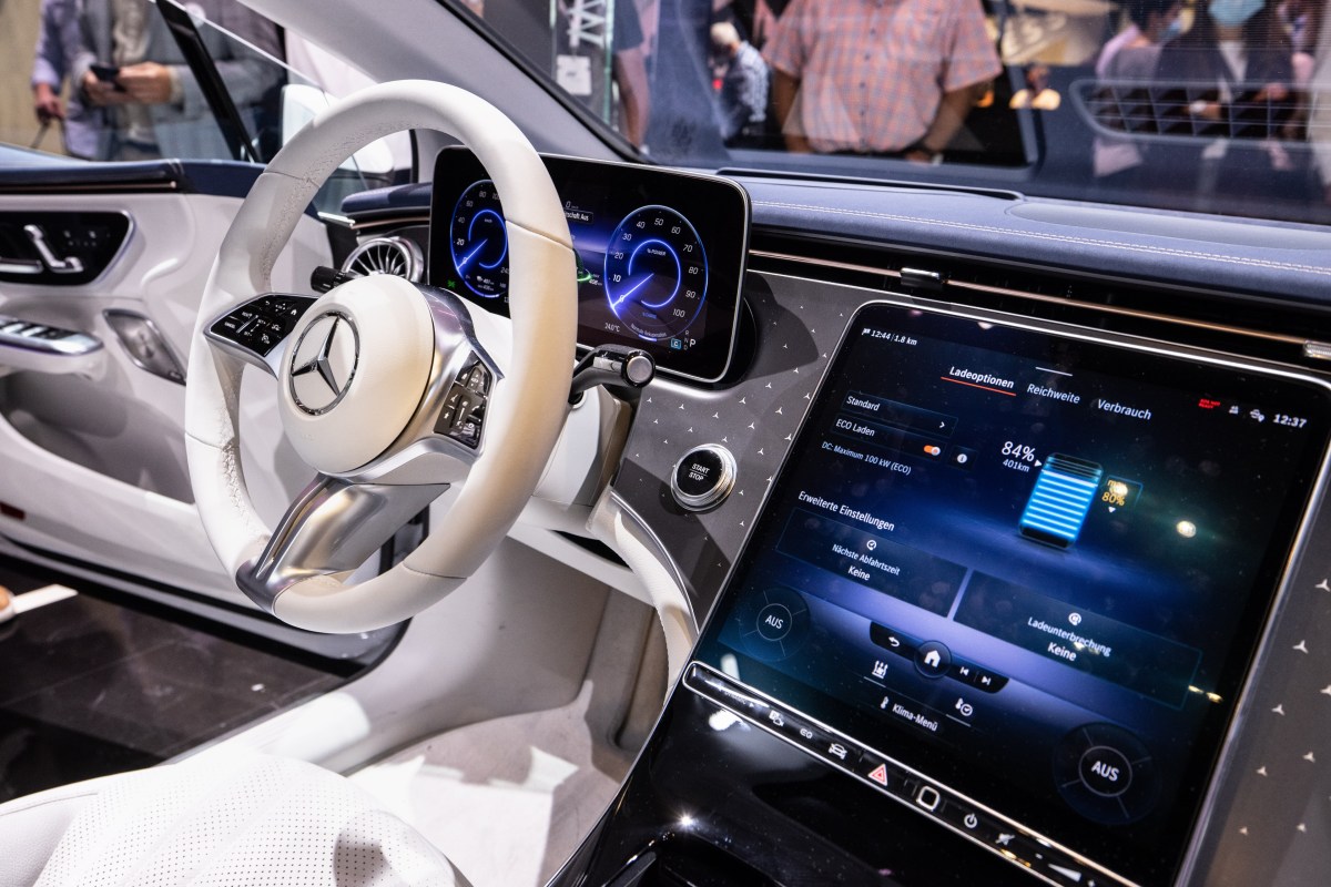 Mercedes-Benz EQS interior and infotainment display.