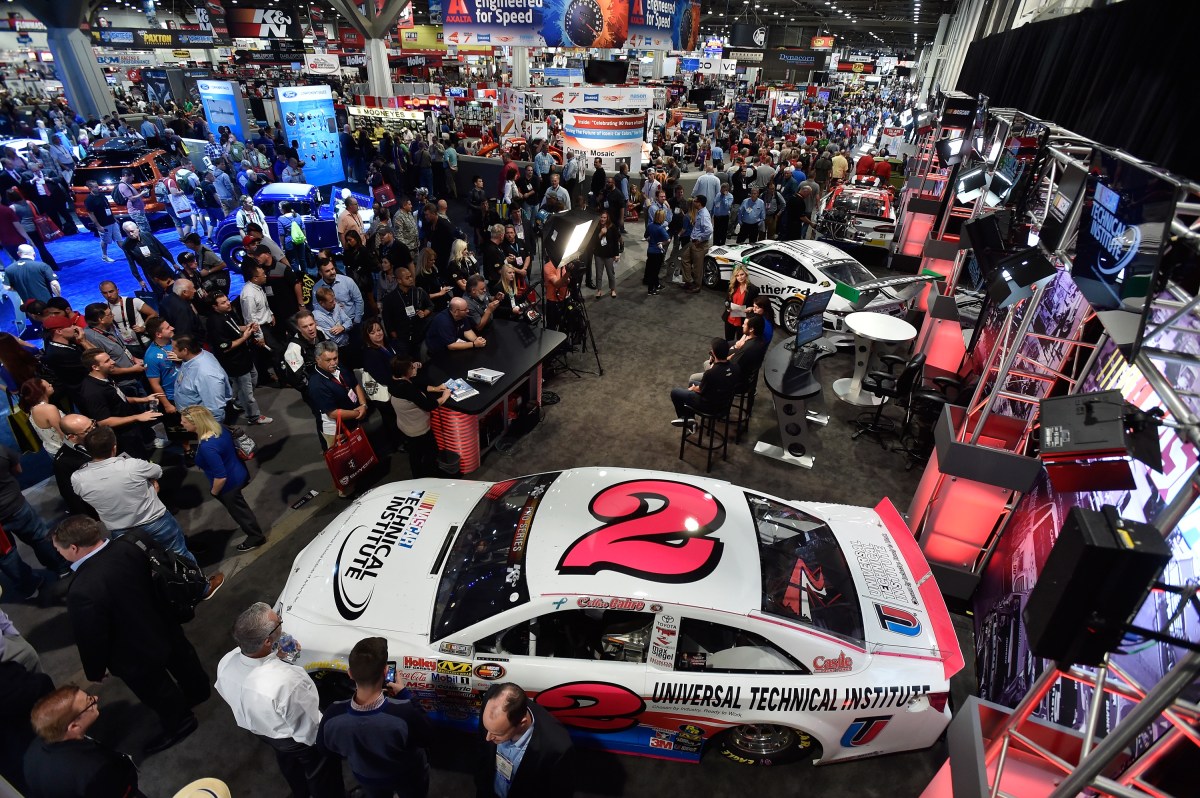 A view of the NASCAR display at the SEMA show in Las Vegas, Nevada.