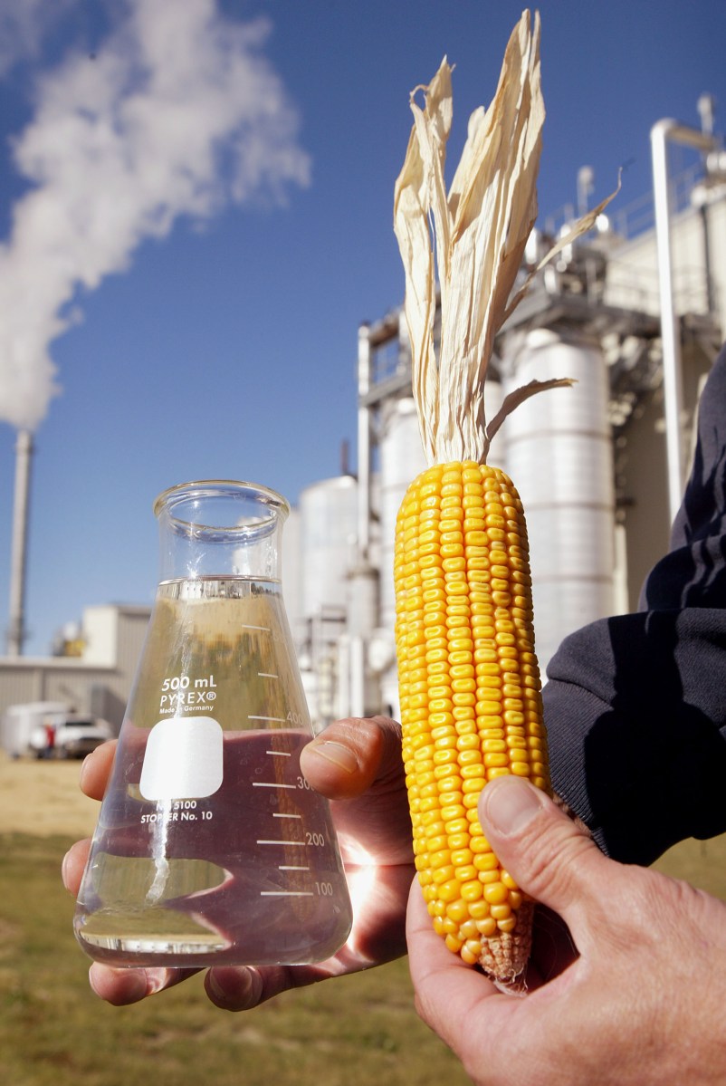 An ear of corn and a beaker of 200 proof ethanol being held in front of an ethanol production plant. 