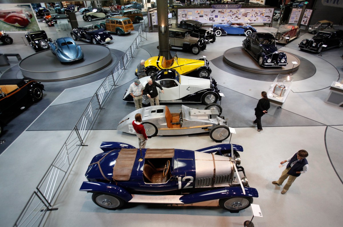 An overhead interior view of the Mullin Automotive Museum display floor. 