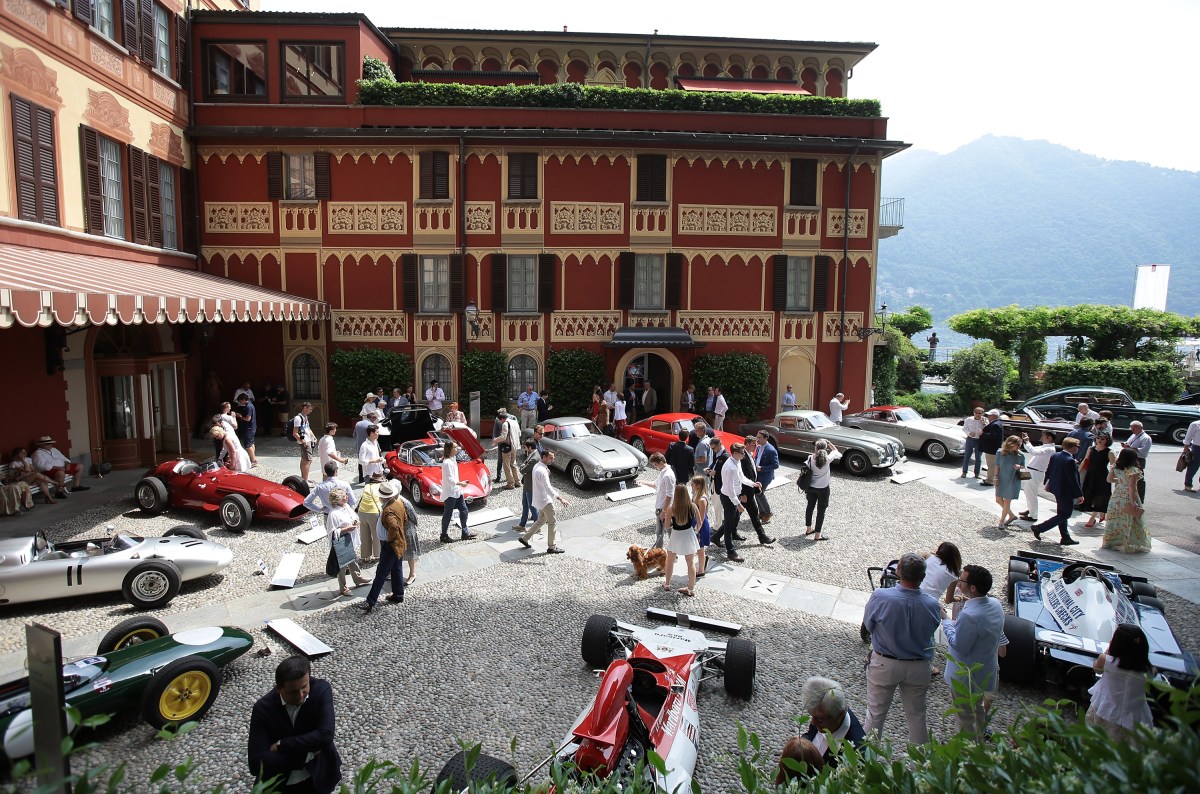 A view of classic cars in front of a Villa at the Concours de Elegance Villa d'Esta in Lake Como, Italy.
