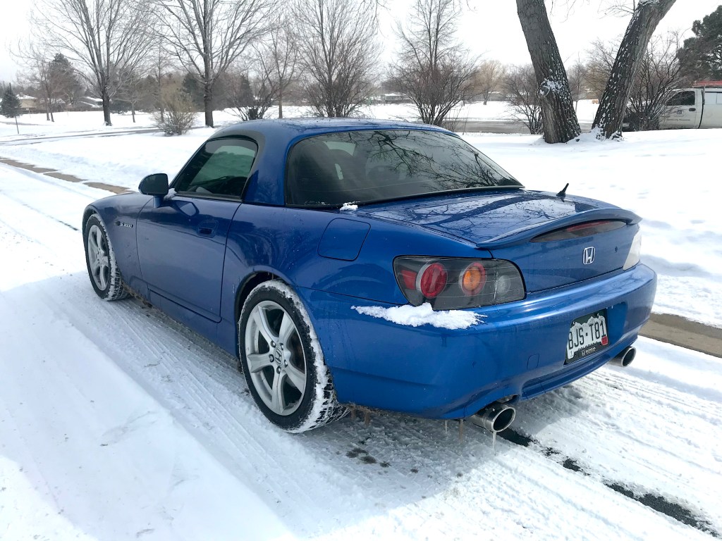 A rear shot of my Honda S2000 in the snow.