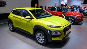 Hyundai Kona subcompact SUVs are on display.