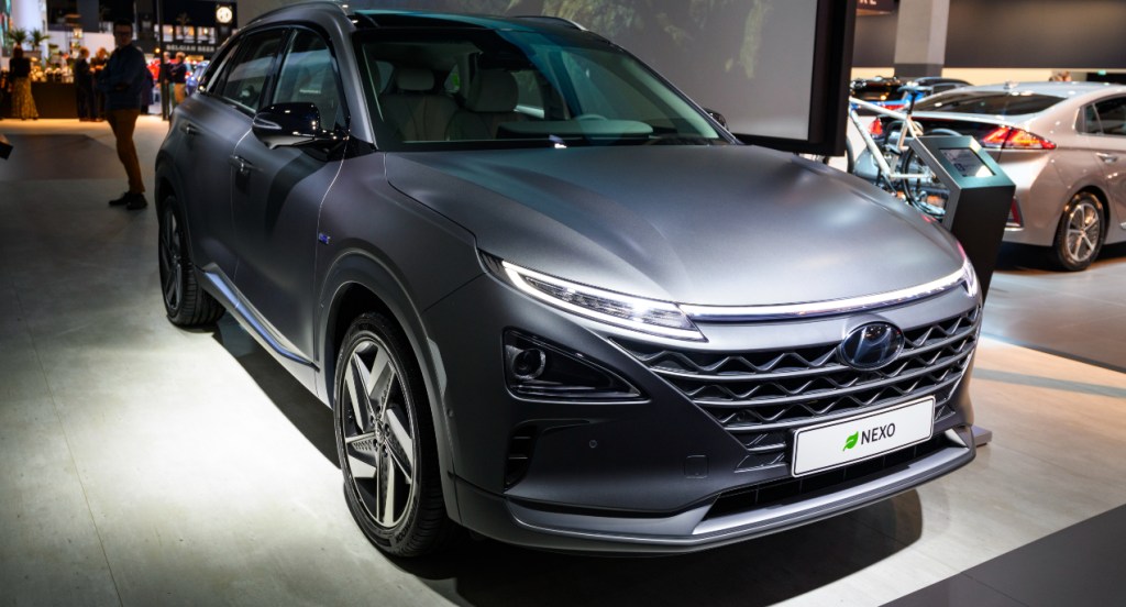 A gray 2022 Hyundai Nexo compact SUV is on display. 