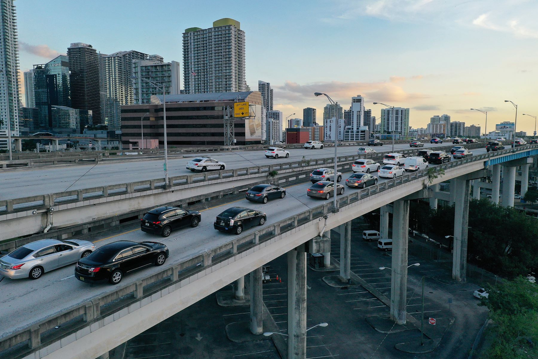 An aerial view of car driving on the I-95 freeway in Miami, Florida