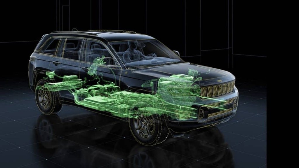 Highlighted x-ray look at the Jeep Grand Cherokee 4xe powertrain