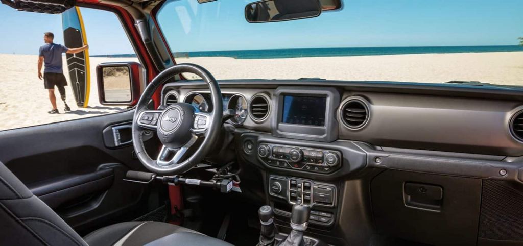 The interior of a mid-size truck from Jeep.