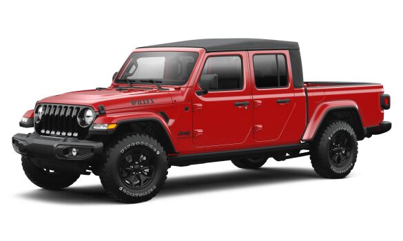 A Jeep Gladiator Willys Sport truck featured in red. 