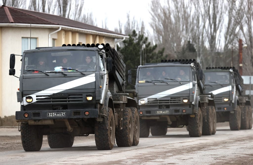 A convoy of Russian trucks carrying missile-launching systems into Ukraine.