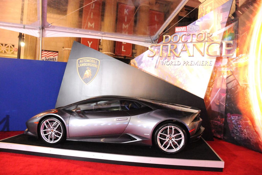 Silver Lamborghini Huracán parked on red carpet at Benedict Cumberbatch's Marvel superhero premiere.