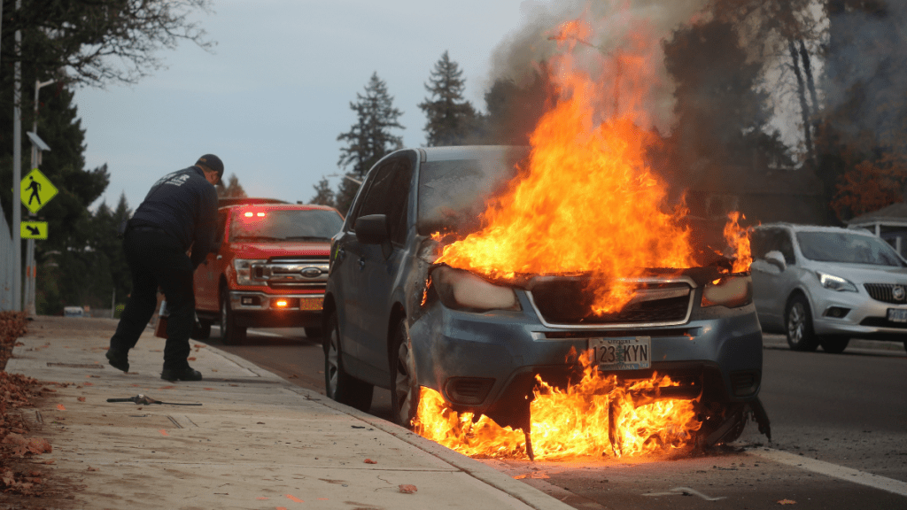 Man standing near SUV on fire, highlighting how electric vehicles catch fire less than gas cars