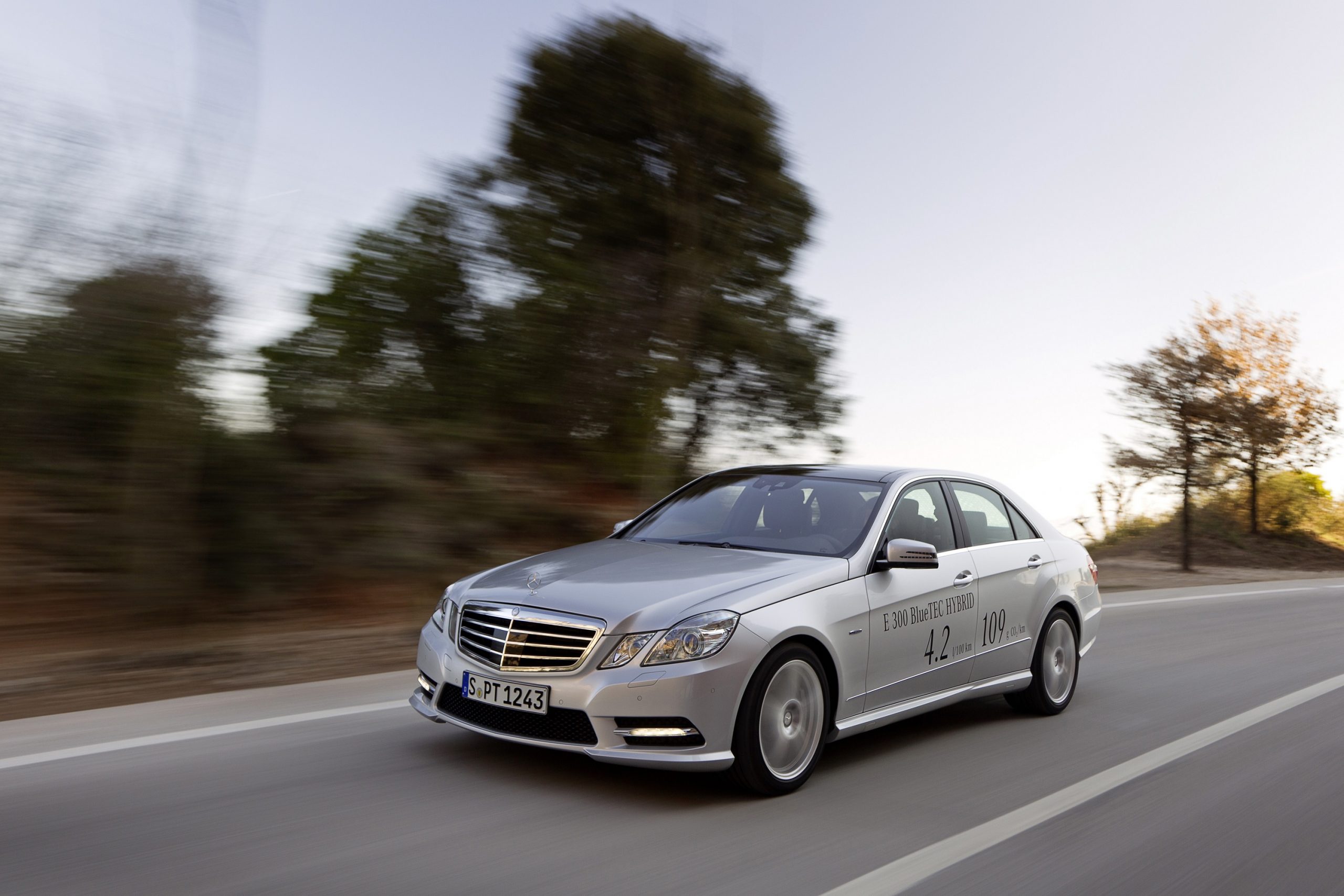 A front 3/4 shot of the E Class Mercedes-Benz hybrid in silver