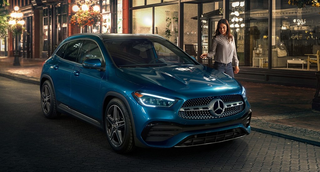 A blue 2022 Mercedes-Benz GLA Class luxury SUV is parked.