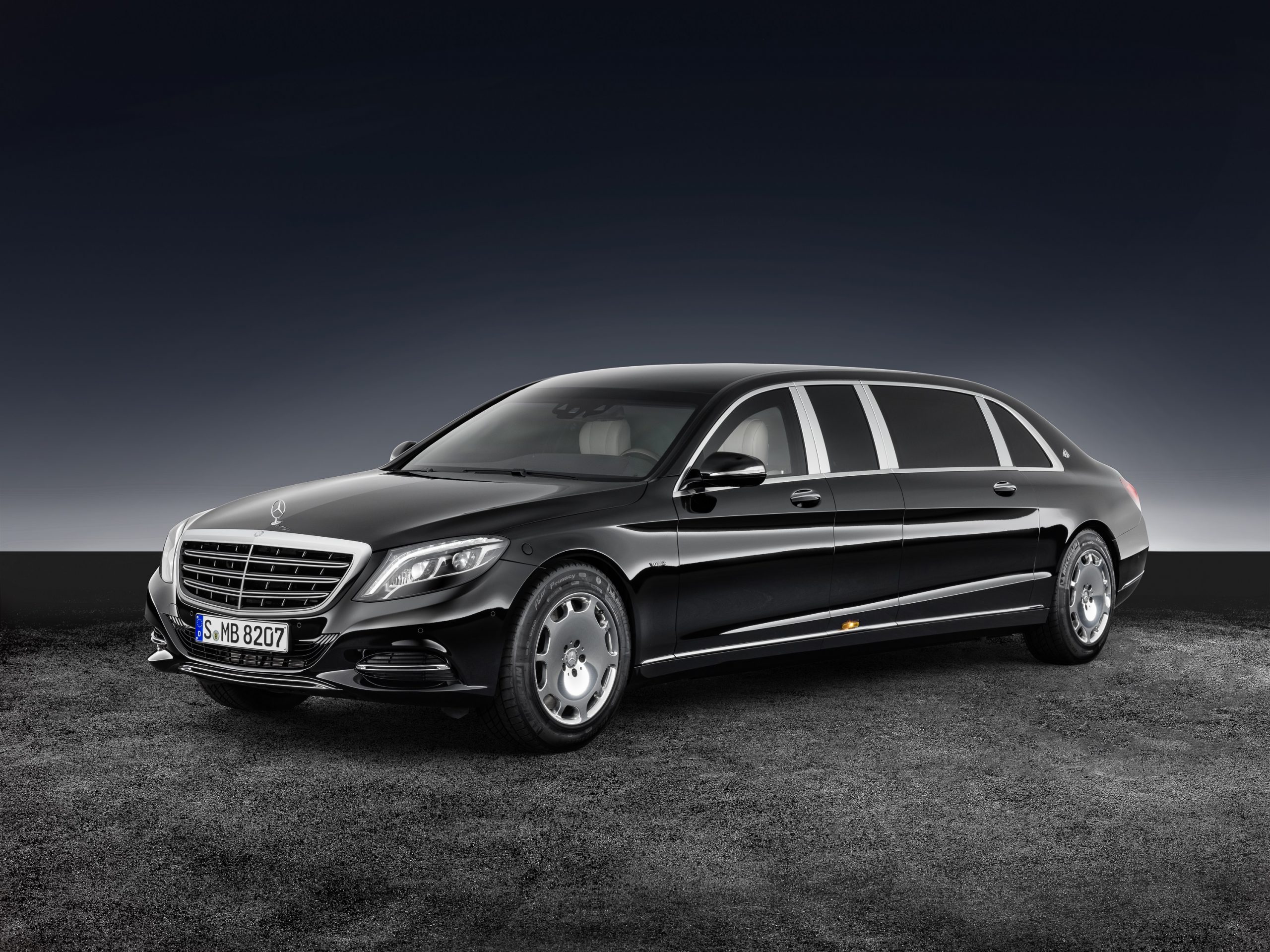 A black Mercedes-Benz S 600 armored limo shot from the front 3/4